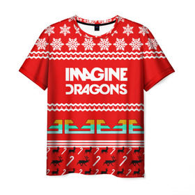 Мужская футболка 3D с принтом Праздничный Imagine Dragons в Новосибирске, 100% полиэфир | прямой крой, круглый вырез горловины, длина до линии бедер | dragons | imagine | альтернативный | американская | арена | бэн макки | группа | драгонс | дэн | дэн рейнольдс | знак | имеджин | инди | индирок | красный | надпись | новогодний | новый год | поп | праздник