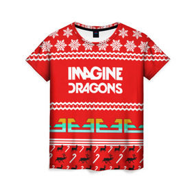 Женская футболка 3D с принтом Праздничный Imagine Dragons в Новосибирске, 100% полиэфир ( синтетическое хлопкоподобное полотно) | прямой крой, круглый вырез горловины, длина до линии бедер | dragons | imagine | альтернативный | американская | арена | бэн макки | группа | драгонс | дэн | дэн рейнольдс | знак | имеджин | инди | индирок | красный | надпись | новогодний | новый год | поп | праздник