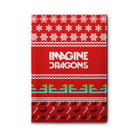 Обложка для автодокументов с принтом Праздничный Imagine Dragons в Новосибирске, натуральная кожа |  размер 19,9*13 см; внутри 4 больших “конверта” для документов и один маленький отдел — туда идеально встанут права | Тематика изображения на принте: dragons | imagine | альтернативный | американская | арена | бэн макки | группа | драгонс | дэн | дэн рейнольдс | знак | имеджин | инди | индирок | красный | надпись | новогодний | новый год | поп | праздник