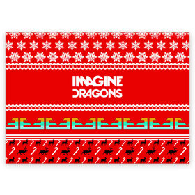 Поздравительная открытка с принтом Праздничный Imagine Dragons в Новосибирске, 100% бумага | плотность бумаги 280 г/м2, матовая, на обратной стороне линовка и место для марки
 | dragons | imagine | альтернативный | американская | арена | бэн макки | группа | драгонс | дэн | дэн рейнольдс | знак | имеджин | инди | индирок | красный | надпись | новогодний | новый год | поп | праздник