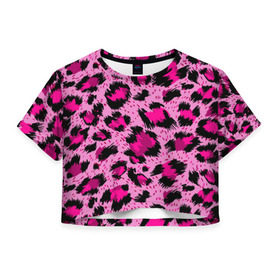 Женская футболка 3D укороченная с принтом Розовый леопард в Новосибирске, 100% полиэстер | круглая горловина, длина футболки до линии талии, рукава с отворотами | гепард | леопард