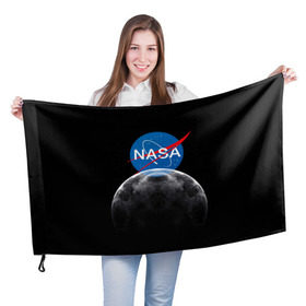 Флаг 3D с принтом NASA MOON в Новосибирске, 100% полиэстер | плотность ткани — 95 г/м2, размер — 67 х 109 см. Принт наносится с одной стороны | Тематика изображения на принте: galaxy | moon | nasa | space | астрономия | известные | космос | луна | наса | планет