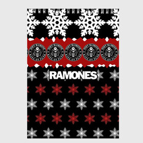 Скетчбук с принтом Праздничный Ramones в Новосибирске, 100% бумага
 | 48 листов, плотность листов — 100 г/м2, плотность картонной обложки — 250 г/м2. Листы скреплены сверху удобной пружинной спиралью | ramones | группа | джонни | джоуи | ди ди томми | знак | красный | марк | надпись | новогодний | новый год | панк | поп | праздник | раманес | раманэс | рамон | рамонес | рамонэс | рамоун | рамоунз | рамоунс