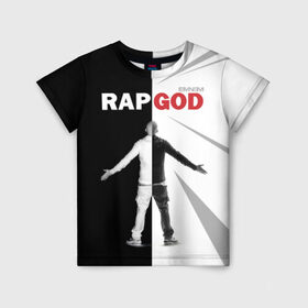 Детская футболка 3D с принтом Rap God Eminem в Новосибирске, 100% гипоаллергенный полиэфир | прямой крой, круглый вырез горловины, длина до линии бедер, чуть спущенное плечо, ткань немного тянется | 