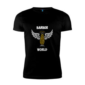 Мужская футболка премиум с принтом Barber world в Новосибирске, 92% хлопок, 8% лайкра | приталенный силуэт, круглый вырез ворота, длина до линии бедра, короткий рукав | барбер | барбершоп | цирюльник