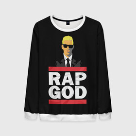 Мужской свитшот 3D с принтом Rap God Eminem в Новосибирске, 100% полиэстер с мягким внутренним слоем | круглый вырез горловины, мягкая резинка на манжетах и поясе, свободная посадка по фигуре | Тематика изображения на принте: actor | american rapper | composer | eminem | music | rap | rap god | record producer |   | актёр | американский | композитор | музыка | музыкальный продюсер | рэп | рэпер
