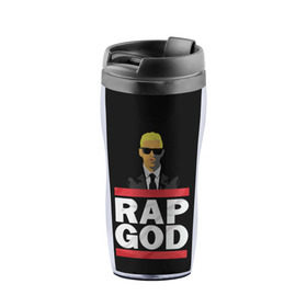 Термокружка-непроливайка с принтом Rap God Eminem в Новосибирске, внутренняя часть — пищевой пластик, наружная часть — прозрачный пластик, между ними — полиграфическая вставка с рисунком | объем — 350 мл, герметичная крышка | actor | american rapper | composer | eminem | music | rap | rap god | record producer |   | актёр | американский | композитор | музыка | музыкальный продюсер | рэп | рэпер