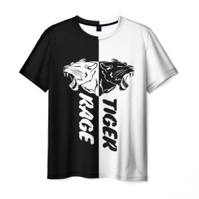 Мужская футболка 3D с принтом Tiger Rage в Новосибирске, 100% полиэфир | прямой крой, круглый вырез горловины, длина до линии бедер | белое | голова | дикая | дикий | зубы | клык | клыки | кот | кошка | лев | леопард | львица | оскал | пантера | пасть | рев | рисунок | рык | тату | тигр | тигрица | укус | чб | черное | шерсть | ярость