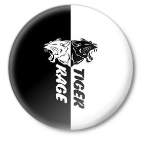 Значок с принтом Tiger Rage в Новосибирске,  металл | круглая форма, металлическая застежка в виде булавки | белое | голова | дикая | дикий | зубы | клык | клыки | кот | кошка | лев | леопард | львица | оскал | пантера | пасть | рев | рисунок | рык | тату | тигр | тигрица | укус | чб | черное | шерсть | ярость