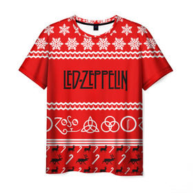 Мужская футболка 3D с принтом Праздничный Led Zeppelin в Новосибирске, 100% полиэфир | прямой крой, круглый вырез горловины, длина до линии бедер | Тематика изображения на принте: led zeppelin | блюз | группа | джимми пейдж | джон генри бонэм | джон пол джонс | знак | красный | лед зепелен | лед зеппелин | метал | надпись | новогодний | новый год | праздник | роберт плант | рождество