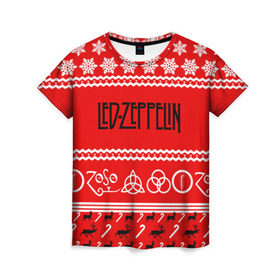 Женская футболка 3D с принтом Праздничный Led Zeppelin в Новосибирске, 100% полиэфир ( синтетическое хлопкоподобное полотно) | прямой крой, круглый вырез горловины, длина до линии бедер | Тематика изображения на принте: led zeppelin | блюз | группа | джимми пейдж | джон генри бонэм | джон пол джонс | знак | красный | лед зепелен | лед зеппелин | метал | надпись | новогодний | новый год | праздник | роберт плант | рождество