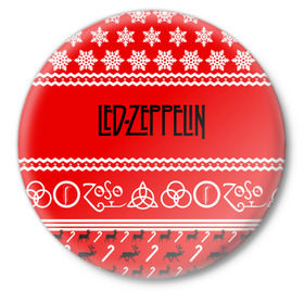 Значок с принтом Праздничный Led Zeppelin в Новосибирске,  металл | круглая форма, металлическая застежка в виде булавки | Тематика изображения на принте: led zeppelin | блюз | группа | джимми пейдж | джон генри бонэм | джон пол джонс | знак | красный | лед зепелен | лед зеппелин | метал | надпись | новогодний | новый год | праздник | роберт плант | рождество