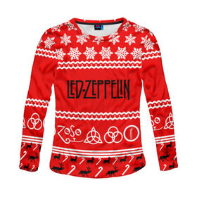 Женский лонгслив 3D с принтом Праздничный Led Zeppelin в Новосибирске, 100% полиэстер | длинные рукава, круглый вырез горловины, полуприлегающий силуэт | led zeppelin | блюз | группа | джимми пейдж | джон генри бонэм | джон пол джонс | знак | красный | лед зепелен | лед зеппелин | метал | надпись | новогодний | новый год | праздник | роберт плант | рождество