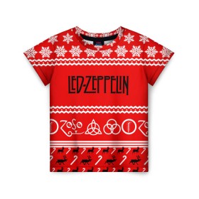 Детская футболка 3D с принтом Праздничный Led Zeppelin в Новосибирске, 100% гипоаллергенный полиэфир | прямой крой, круглый вырез горловины, длина до линии бедер, чуть спущенное плечо, ткань немного тянется | led zeppelin | блюз | группа | джимми пейдж | джон генри бонэм | джон пол джонс | знак | красный | лед зепелен | лед зеппелин | метал | надпись | новогодний | новый год | праздник | роберт плант | рождество