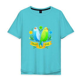 Мужская футболка хлопок Oversize с принтом Попугаи арт в Новосибирске, 100% хлопок | свободный крой, круглый ворот, “спинка” длиннее передней части | Тематика изображения на принте: волнистый попугай | джунгли | попугай