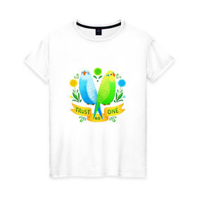 Женская футболка хлопок с принтом Попугаи арт в Новосибирске, 100% хлопок | прямой крой, круглый вырез горловины, длина до линии бедер, слегка спущенное плечо | Тематика изображения на принте: волнистый попугай | джунгли | попугай