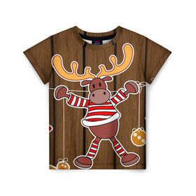 Детская футболка 3D с принтом Мастерская Деда Мороза в Новосибирске, 100% гипоаллергенный полиэфир | прямой крой, круглый вырез горловины, длина до линии бедер, чуть спущенное плечо, ткань немного тянется | Тематика изображения на принте: зима | игрушки | лед | лось | олень | праздник | рога | снежинка | узор | украшения