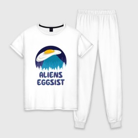 Женская пижама хлопок с принтом НЛО яйца в Новосибирске, 100% хлопок | брюки и футболка прямого кроя, без карманов, на брюках мягкая резинка на поясе и по низу штанин | инопланетяне | нло | секретные материалы | яйца