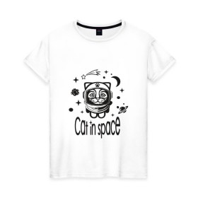 Женская футболка хлопок с принтом Кот в космосе в Новосибирске, 100% хлопок | прямой крой, круглый вырез горловины, длина до линии бедер, слегка спущенное плечо | cat in space | астронавт | астрономия. | глазки | животные | звёзды.планеты | кометы | космонавт | космос | кот | кот в космосе | котёнок | котик | ми ми ми | милашка | полёт