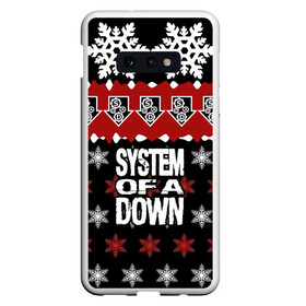 Чехол для Samsung S10E с принтом Праздничный System of a Down в Новосибирске, Силикон | Область печати: задняя сторона чехла, без боковых панелей | soad | soil | system of a down | группа | дав | дарон малакян | джон долмаян | знак | красный | надпись | новогодний | новый год | оф | праздник | рождество | рок | серж танкян | систем | снежинки | соад | сод | соэд