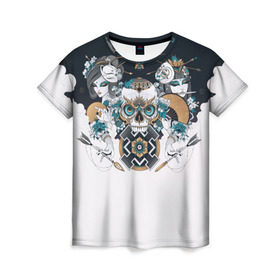 Женская футболка 3D с принтом SKULL JAPAN в Новосибирске, 100% полиэфир ( синтетическое хлопкоподобное полотно) | прямой крой, круглый вырез горловины, длина до линии бедер | arrow | skull | белый | девушка | линии | маски.кот | модные | небо | облако | синий | скелет | стимпанк | стрелы | череп | яркие