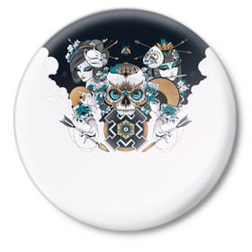 Значок с принтом SKULL JAPAN в Новосибирске,  металл | круглая форма, металлическая застежка в виде булавки | arrow | skull | белый | девушка | линии | маски.кот | модные | небо | облако | синий | скелет | стимпанк | стрелы | череп | яркие