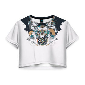 Женская футболка 3D укороченная с принтом SKULL JAPAN в Новосибирске, 100% полиэстер | круглая горловина, длина футболки до линии талии, рукава с отворотами | arrow | skull | белый | девушка | линии | маски.кот | модные | небо | облако | синий | скелет | стимпанк | стрелы | череп | яркие