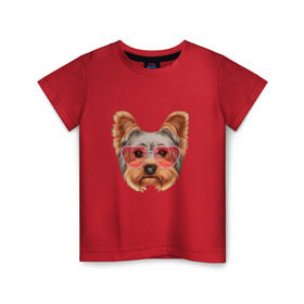 Детская футболка хлопок с принтом Йоркширский терьер в очках сердечках в Новосибирске, 100% хлопок | круглый вырез горловины, полуприлегающий силуэт, длина до линии бедер | Тематика изображения на принте: домашние животные | пес | собака | терьер