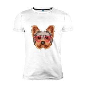 Мужская футболка премиум с принтом Йоркширский терьер в очках сердечках в Новосибирске, 92% хлопок, 8% лайкра | приталенный силуэт, круглый вырез ворота, длина до линии бедра, короткий рукав | Тематика изображения на принте: домашние животные | пес | собака | терьер