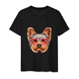 Мужская футболка хлопок с принтом Йоркширский терьер в очках сердечках в Новосибирске, 100% хлопок | прямой крой, круглый вырез горловины, длина до линии бедер, слегка спущенное плечо. | домашние животные | пес | собака | терьер