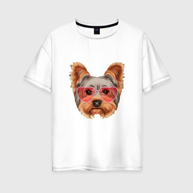 Женская футболка хлопок Oversize с принтом Йоркширский терьер в очках сердечках в Новосибирске, 100% хлопок | свободный крой, круглый ворот, спущенный рукав, длина до линии бедер
 | домашние животные | пес | собака | терьер