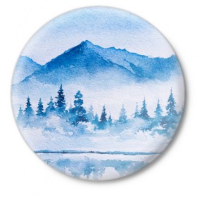 Значок с принтом Зимний пейзаж в Новосибирске,  металл | круглая форма, металлическая застежка в виде булавки | Тематика изображения на принте: арт | елки | зима | картина | краски | лес | пейзаж | природа