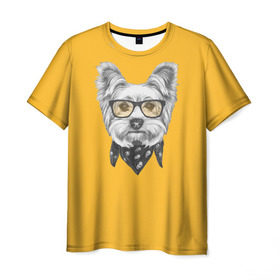 Мужская футболка 3D с принтом Йоркширский терьер_в очках в Новосибирске, 100% полиэфир | прямой крой, круглый вырез горловины, длина до линии бедер | Тематика изображения на принте: домашние животные | пес | собака | терьер