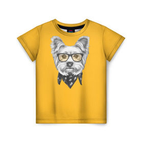 Детская футболка 3D с принтом Йоркширский терьер_в очках в Новосибирске, 100% гипоаллергенный полиэфир | прямой крой, круглый вырез горловины, длина до линии бедер, чуть спущенное плечо, ткань немного тянется | Тематика изображения на принте: домашние животные | пес | собака | терьер