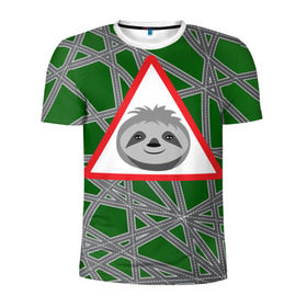 Мужская футболка 3D спортивная с принтом Ленивец на дороге в Новосибирске, 100% полиэстер с улучшенными характеристиками | приталенный силуэт, круглая горловина, широкие плечи, сужается к линии бедра | внимательный | дорога | дорожный | животное | знак | ленивец | лень | опасно | осторожно | трасса