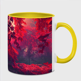 Кружка 3D с принтом Мрачный лес в Новосибирске, керамика | ёмкость 330 мл | Тематика изображения на принте: вечер | времена | время | года | дерево | деревья | живой | закат | красный | куст | кусты | лес | листья | мир | осень | природа | фауна | флора | черный