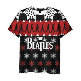 Мужская футболка 3D с принтом Праздничный The Beatles в Новосибирске, 100% полиэфир | прямой крой, круглый вырез горловины, длина до линии бедер | beatles | the beatles | бител | битлз | битлс | битлы | группа | джон леннон | джордж харрисон | жуки | знак | красный | ливерпульская четвёрка | мерсибит | надпись | новогодний | новый год | пол маккартни | поп