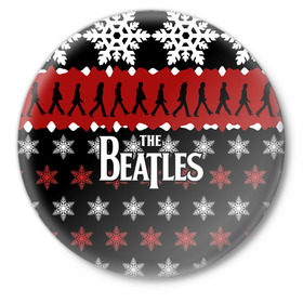 Значок с принтом Праздничный The Beatles в Новосибирске,  металл | круглая форма, металлическая застежка в виде булавки | beatles | the beatles | бител | битлз | битлс | битлы | группа | джон леннон | джордж харрисон | жуки | знак | красный | ливерпульская четвёрка | мерсибит | надпись | новогодний | новый год | пол маккартни | поп