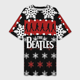 Платье-футболка 3D с принтом Праздничный The Beatles в Новосибирске,  |  | beatles | the beatles | бител | битлз | битлс | битлы | группа | джон леннон | джордж харрисон | жуки | знак | красный | ливерпульская четвёрка | мерсибит | надпись | новогодний | новый год | пол маккартни | поп