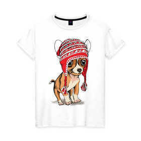 Женская футболка хлопок с принтом Чихуахуа в шапочке в Новосибирске, 100% хлопок | прямой крой, круглый вырез горловины, длина до линии бедер, слегка спущенное плечо | домашние животные | пес | песик | собака | собачка | чихуахуа