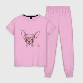 Женская пижама хлопок с принтом Чихуахуа в розовых очках в Новосибирске, 100% хлопок | брюки и футболка прямого кроя, без карманов, на брюках мягкая резинка на поясе и по низу штанин | домашние животные | пес | собака