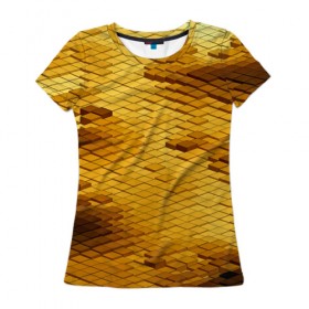 Женская футболка 3D с принтом gold bricks в Новосибирске, 100% полиэфир ( синтетическое хлопкоподобное полотно) | прямой крой, круглый вырез горловины, длина до линии бедер | geometry | геометрия | грань | кубик | кубики | мозаика | ребро | текстура | тени