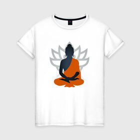 Женская футболка хлопок с принтом Лотос и Будда в Новосибирске, 100% хлопок | прямой крой, круглый вырез горловины, длина до линии бедер, слегка спущенное плечо | Тематика изображения на принте: будда | буддизм | лотос | оранжевый | символ | цветок