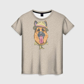Женская футболка 3D с принтом Немецкая овчарка в шляпке в Новосибирске, 100% полиэфир ( синтетическое хлопкоподобное полотно) | прямой крой, круглый вырез горловины, длина до линии бедер | Тематика изображения на принте: домашние животные | овчарка | пес | собака