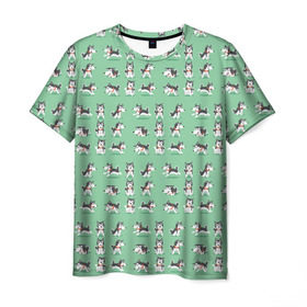 Мужская футболка 3D с принтом Веселые хаски в Новосибирске, 100% полиэфир | прямой крой, круглый вырез горловины, длина до линии бедер | домашние животные | пес | песик | собака | собачка | хаски