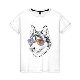 Женская футболка хлопок с принтом Хаски в очках в Новосибирске, 100% хлопок | прямой крой, круглый вырез горловины, длина до линии бедер, слегка спущенное плечо | бандит | домашние животные | пес | песик | собака | собачка | хаски | хаски бандит