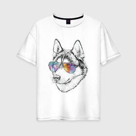 Женская футболка хлопок Oversize с принтом Хаски в очках в Новосибирске, 100% хлопок | свободный крой, круглый ворот, спущенный рукав, длина до линии бедер
 | бандит | домашние животные | пес | песик | собака | собачка | хаски | хаски бандит