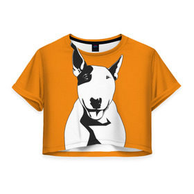 Женская футболка 3D укороченная с принтом Солнечнй бультерьер в Новосибирске, 100% полиэстер | круглая горловина, длина футболки до линии талии, рукава с отворотами | Тематика изображения на принте: бультерьер | домашние животные | пес | песик | собака | собачка