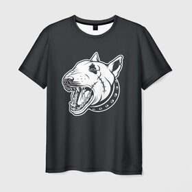 Мужская футболка 3D с принтом Опасный бультерьер в Новосибирске, 100% полиэфир | прямой крой, круглый вырез горловины, длина до линии бедер | домашние животные | пес | собака
