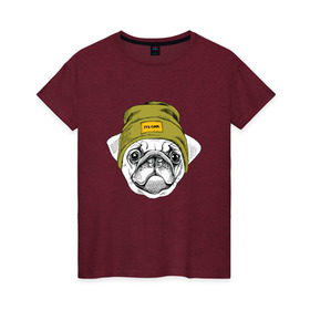 Женская футболка хлопок с принтом Мопсик в шапочке в Новосибирске, 100% хлопок | прямой крой, круглый вырез горловины, длина до линии бедер, слегка спущенное плечо | домашние животные | пес | собака | хипстер